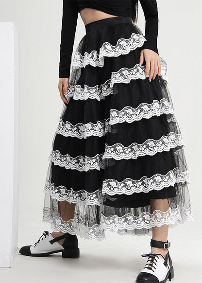 Black Ruffled Patchwork Tulle Skirt Spring