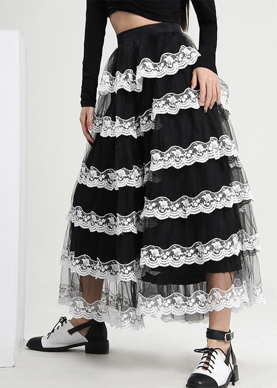 Black Ruffled Patchwork Tulle Skirt Spring