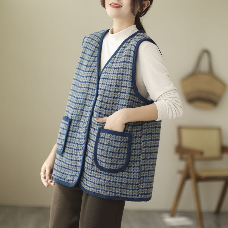 Literary Retro V-neck Plaid Vest