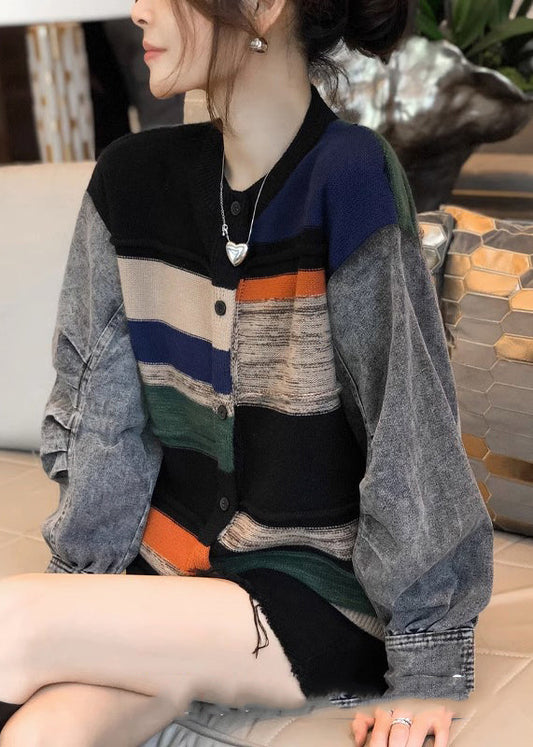 Colorblock Denim Patchwork Knitted Sweater Coat Autumn and Winter