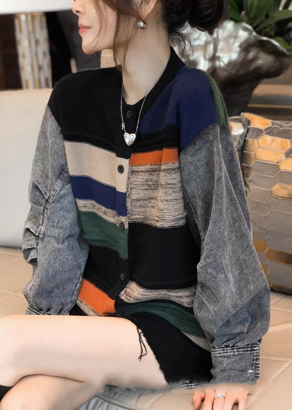 Colorblock Denim Patchwork Knitted Sweater Coat Autumn and Winter