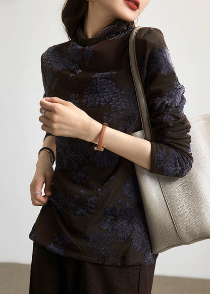 Coffee Turtleneck Patchwork Warm Fleece Blouses Spring