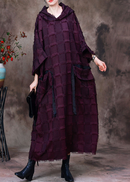 Purple Striped Silk Cotton Hooded Dresses Long Sleeve