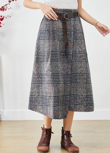 Grey Asymmetrical Plaid Woolen a Line Skirts Fall