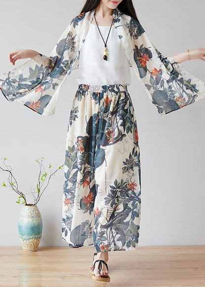 Chinese Style Nude Color Printing Retro Loose Large Size Chiffon Skirt Pants Wide Leg Pants Skirt + Shawl