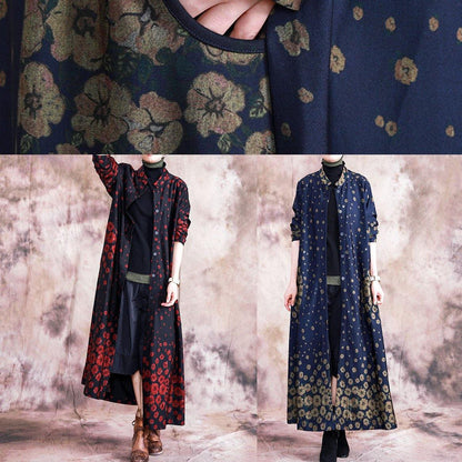 Red Print Coats Oversize Fall Outwear Button Down Pockets Coat