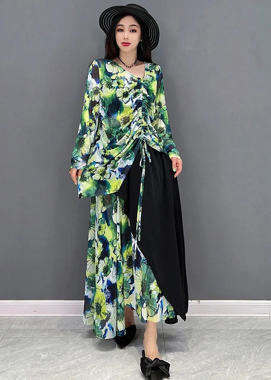 Natural Green V Neck Print Top and Maxi Skirts Two Pieces Set Summer