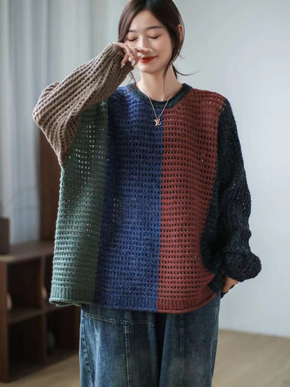 Plaid Hollow Out Long Sleeve Pullover Sweater