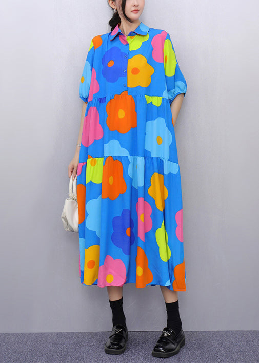 Blue Print Pockets Patchwork Cotton Blouses Dresses Half Sleeve