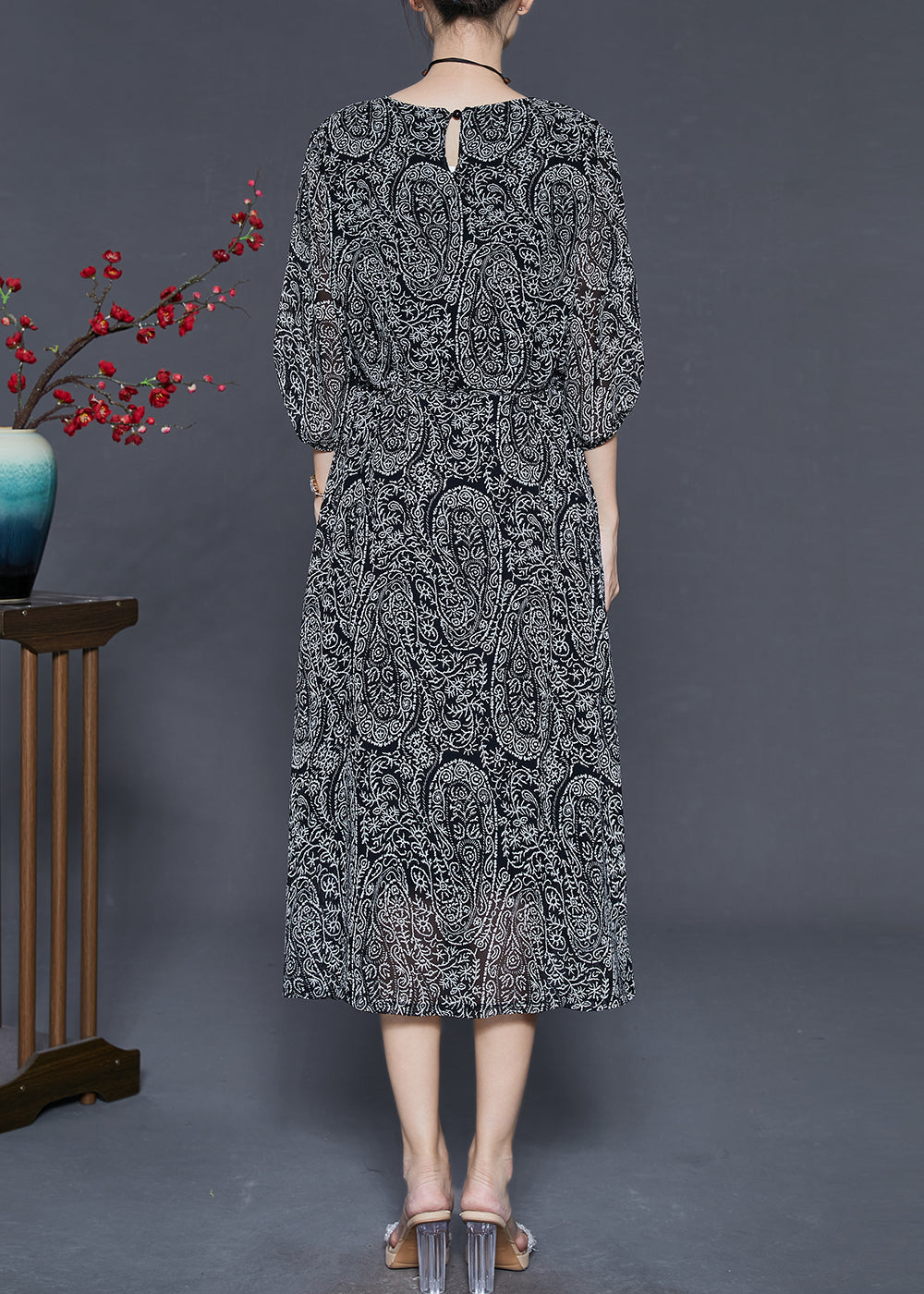 Black Tie Waist Print Chiffon Dress Summer