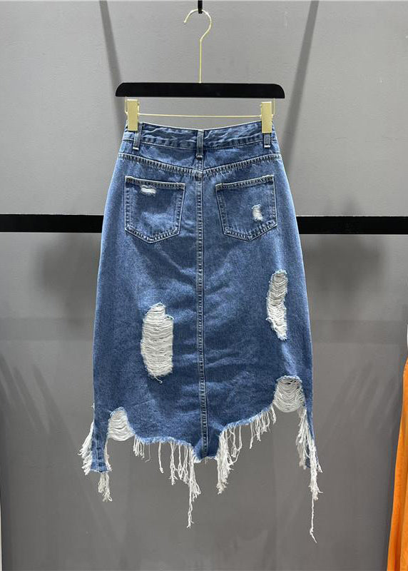 Blue Asymmetrical Pockets Tassel Hole Denim Skirts