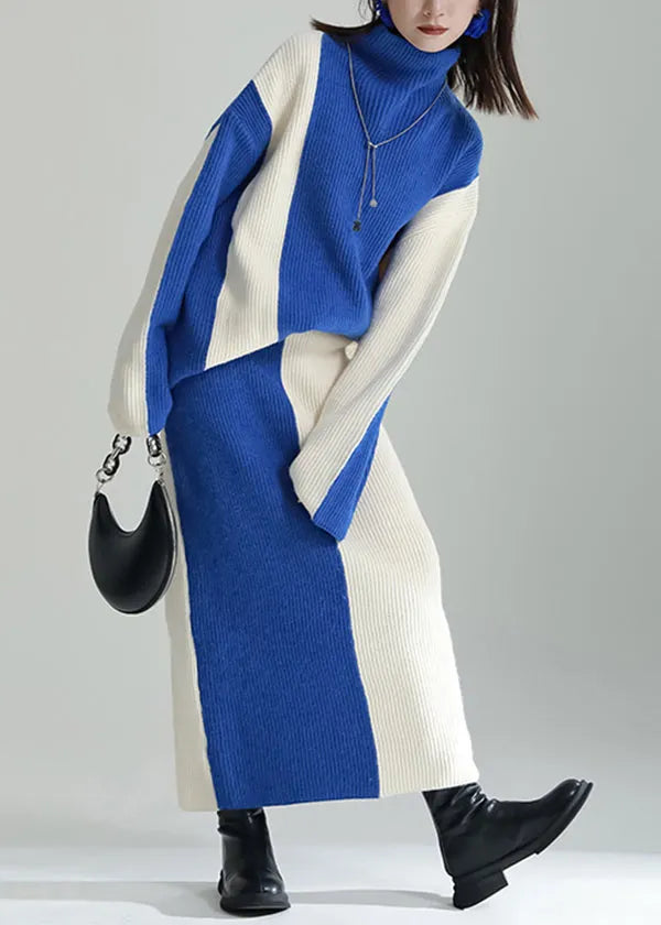Boutique Blue Hign Neck Knit Tops and Skirts Two Pieces Set Winter