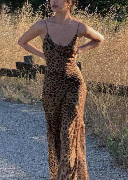 Leopard V Neck Maxi Spaghetti Strap Dresses Sleeveless