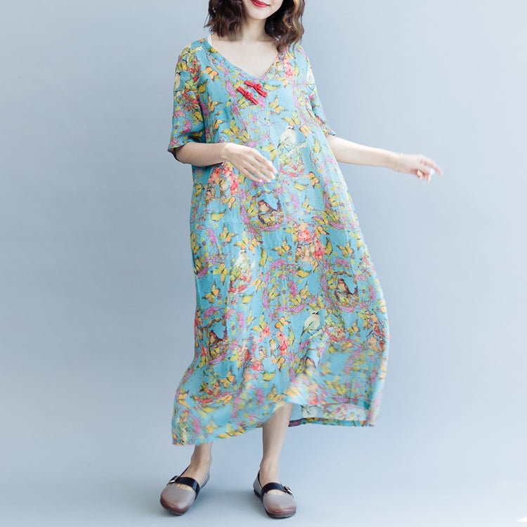 Blue Print Linen Dresses Clothing V Neck a Line Skirts Caftans Short Sleeve Dresses