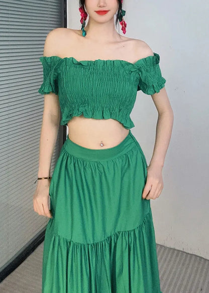Green Slash Neck Ruffled Top and Maxi Skirts Two Piece Set Summer