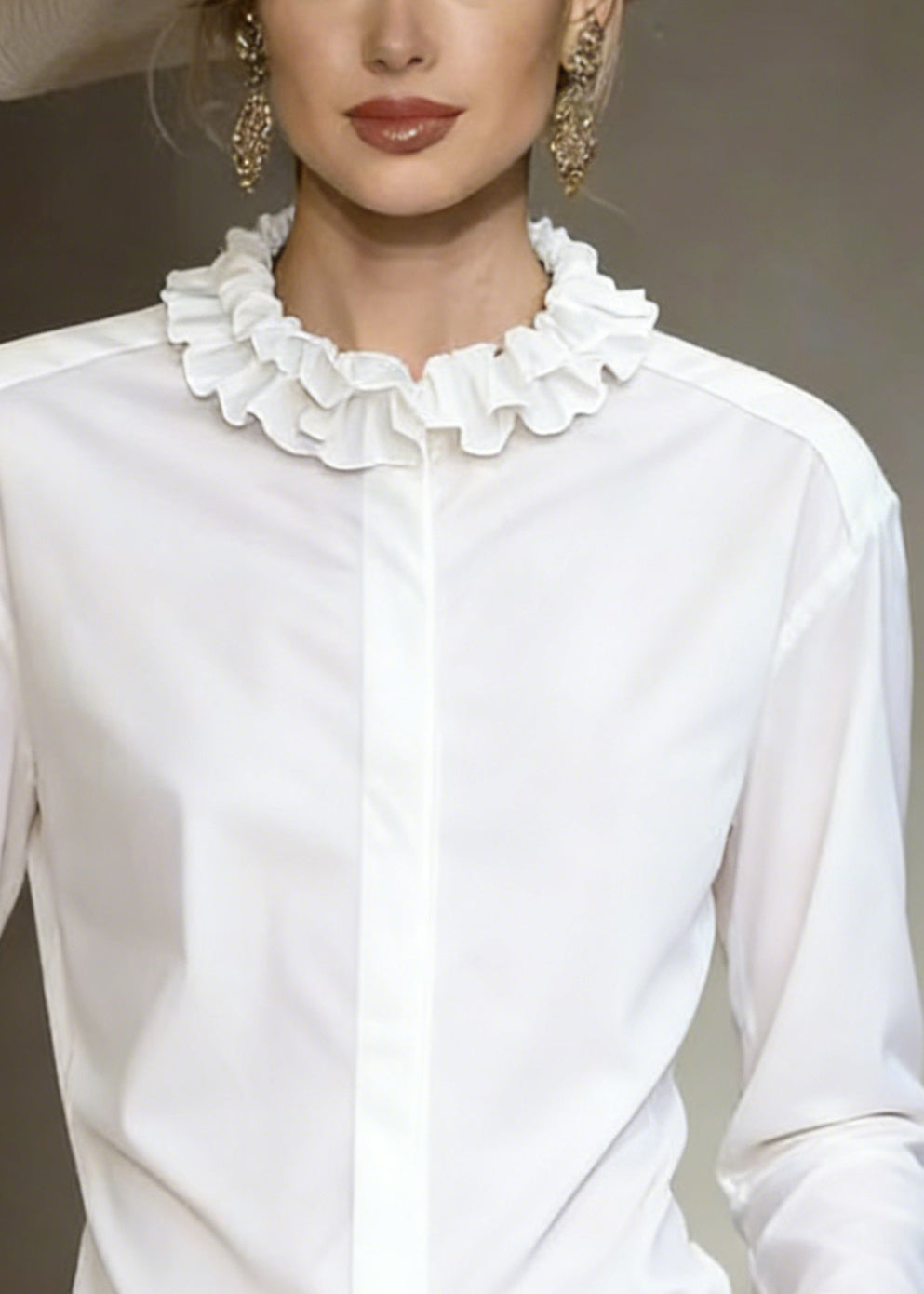 Stylish White Ruffled Button Cotton Shirt Tops Fall
