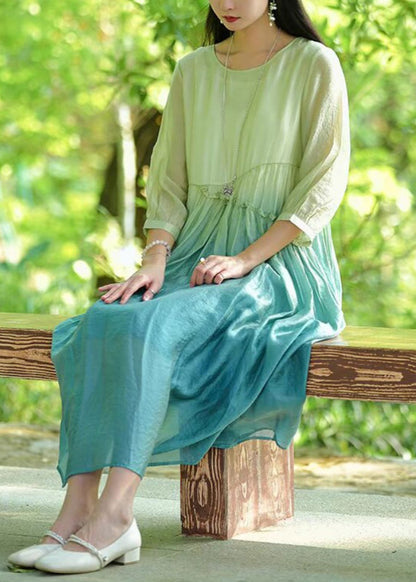 Gradient Color O-neck Ruffled Cotton Long Dresses Bracelet Sleeve
