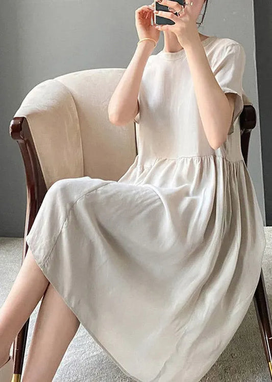 Brief Beige O-neck Patchwork Linen Dress Short Sleeve