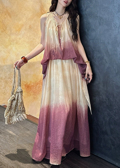 Purple V Neck Ruffled False Two Pieces Linen Silk Dress Summer