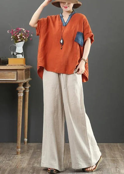 French Orange Linen Tops V Neck Pockets Silhouette Shirt