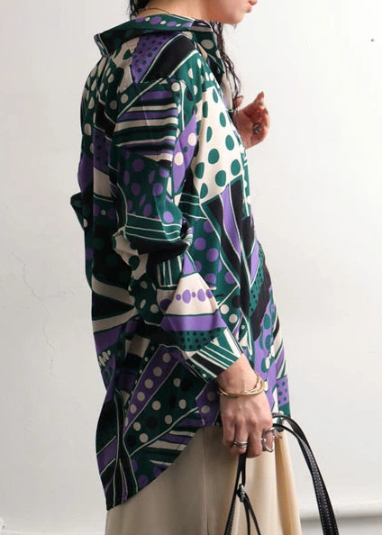 Green Oversized Print Chiffon Shirt Top Fall