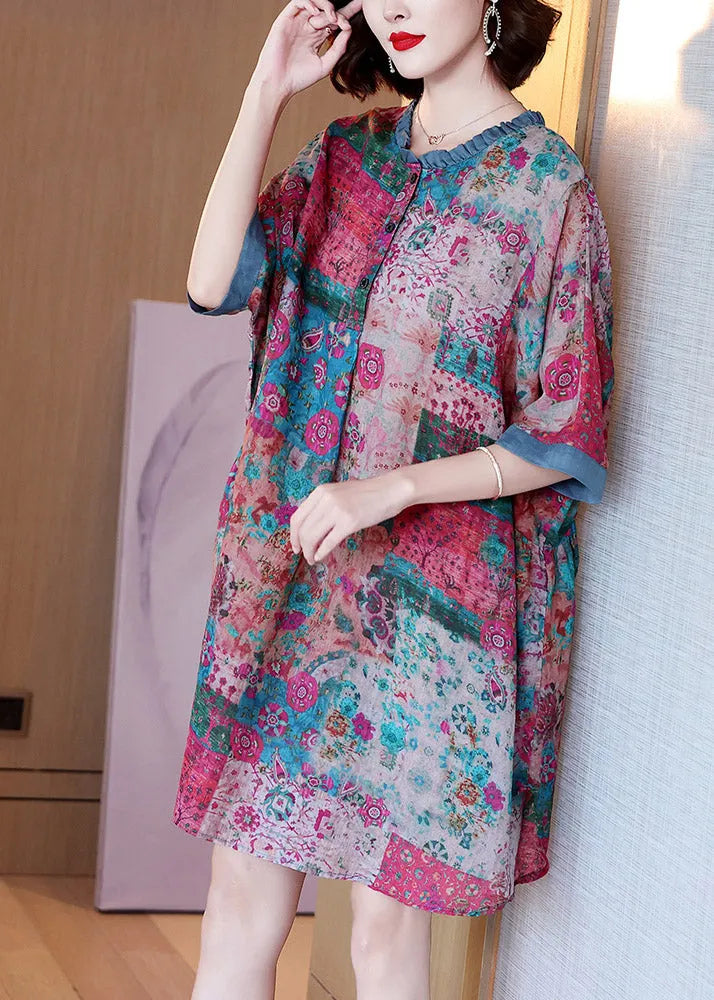 Red O-neck Print Button Side Open Linen Dress Half Sleeve