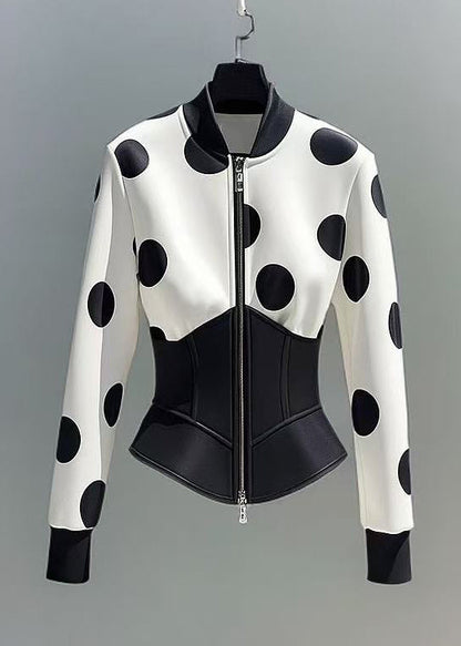 Slim Fit White Zip Up Dot Patchwork Cotton Coats Fall