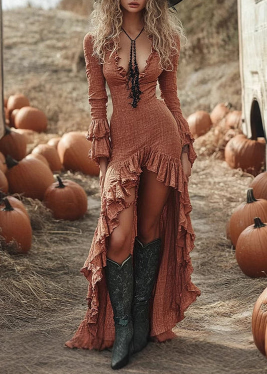 Brick Red Ruffled Low High Design Patchwork Maxi Dresses Spring