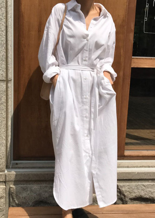 Boutique White Peter Pan Collar Tie Waist Cotton Ankle Dress Spring