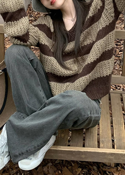 Striped V Neck Hollow Out Knit Sweaters Long Sleeve