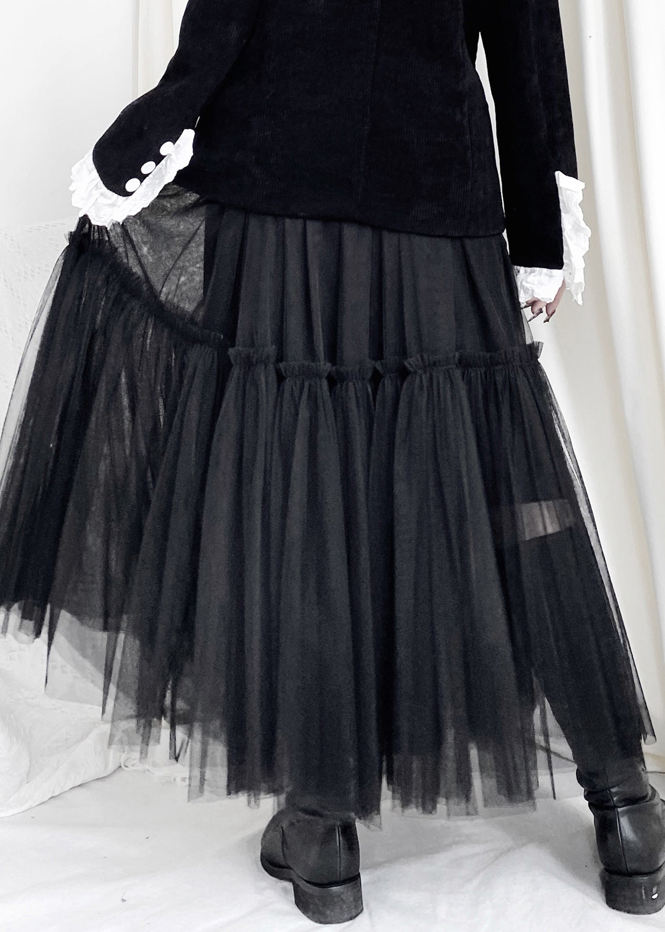 Modern Black Layered Design Ruffled Patchwork Tulle a Line Skirts Fall