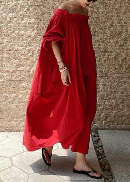 Simple Red Slash Neck Ruffled Cotton Long Dresses Summer