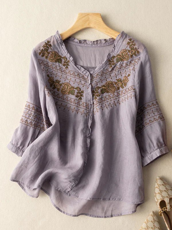 Embroidered Crew Neck 3/4 Sleeve Linen Top