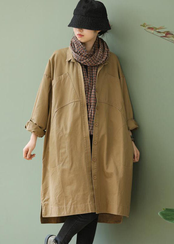 Style Khaki Peterpan Collar Pockets Button Low High Design Fall Long Sleeve Trench Coat
