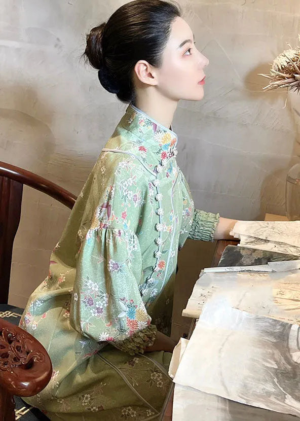 Handmade Light Green Embroidered Button Silk Top and Maxi Skirts Two Pieces Set Fall