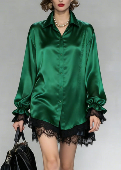 Green Peter Pan Collar Patchwork Silk Shirt Spring