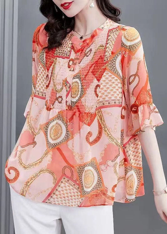 Orange Stand Collar Print Patchwork Chiffon Blouses Flare Sleeve