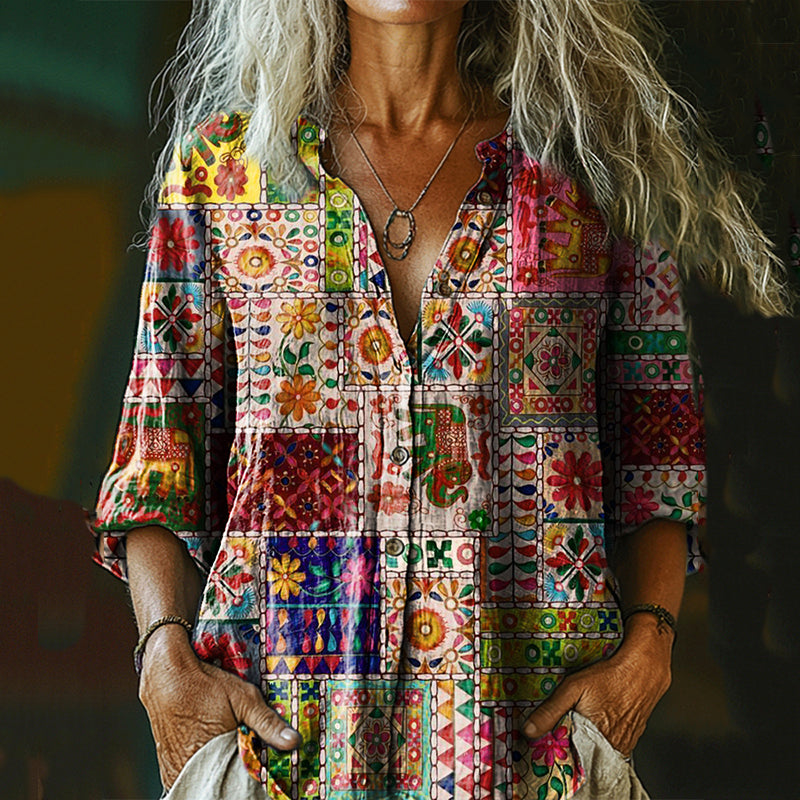 Women's Vintage Bohemian Floral Print Casual Cotton And Linen Shirt elevenforest
