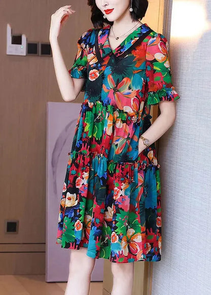 Peter Pan Collar Print Pockets Wrinkled Silk Mid Dresses Short Sleeve