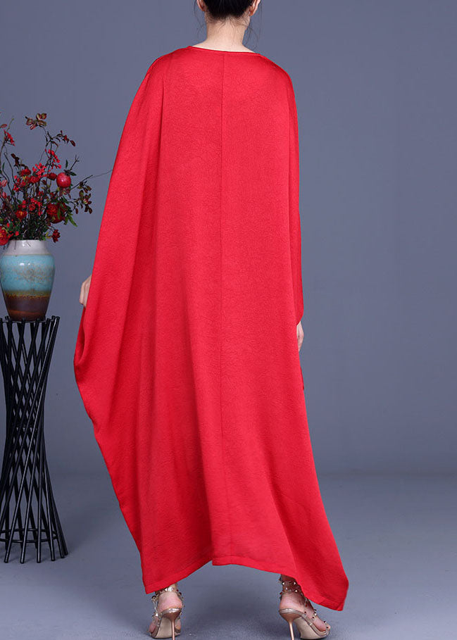 Red Bat Wing Sleeve Silk Maxi Dress V Neck