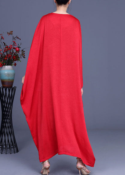 Red Bat Wing Sleeve Silk Maxi Dress V Neck