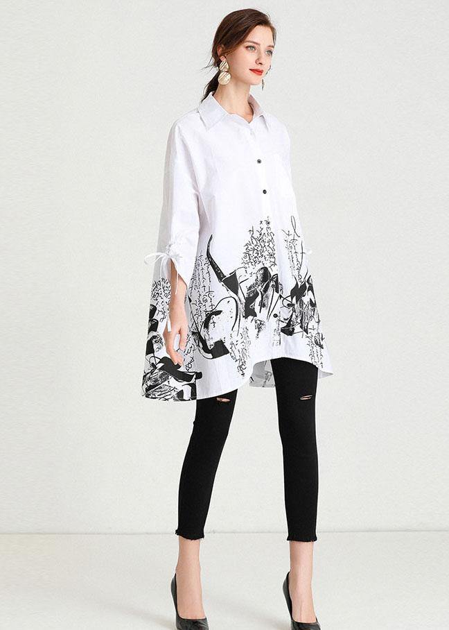 White Peter Pan Collar Button Print Top Shirts