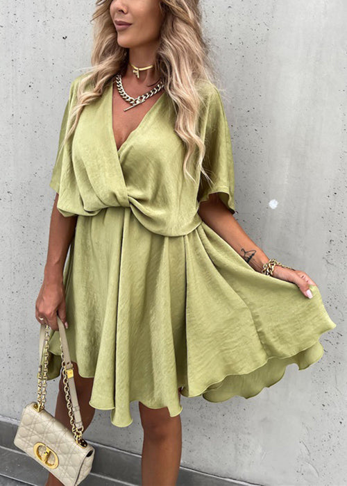 Olive Green V Neck Cotton Mid Dress Half Sleeve