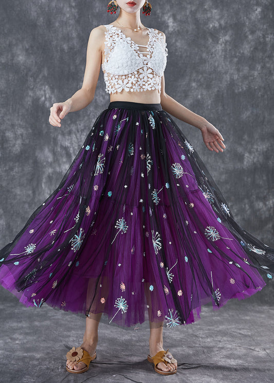 Purple Dandelion Embroideried Wear on Both Sides Tulle Skirt Summer