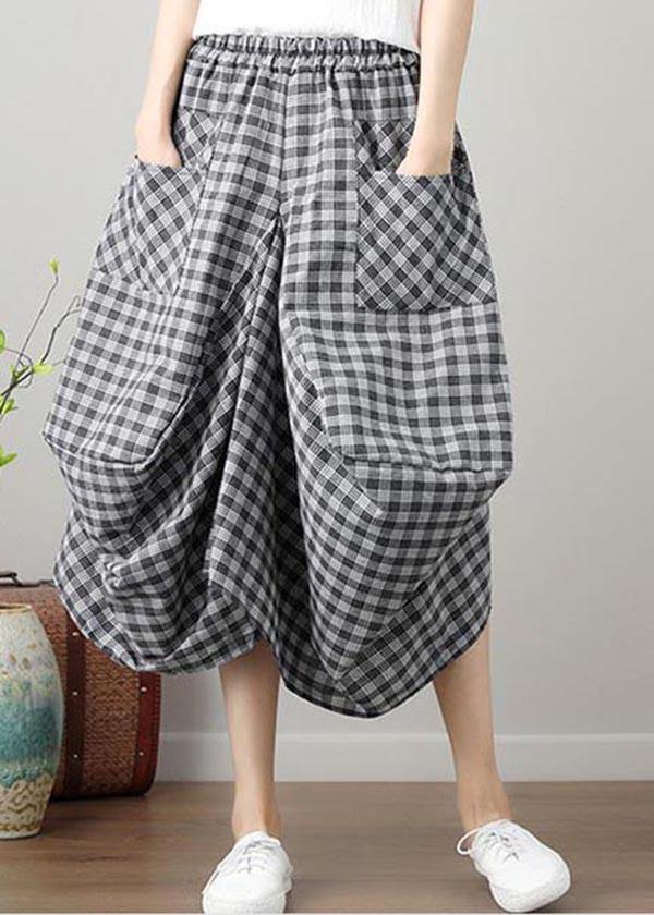 Black Plaid Cotton Linen Lantern Skirts Summer