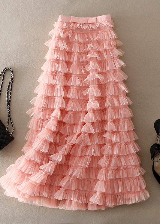 Pink Ruffled Patchwork Tulle Skirt Spring