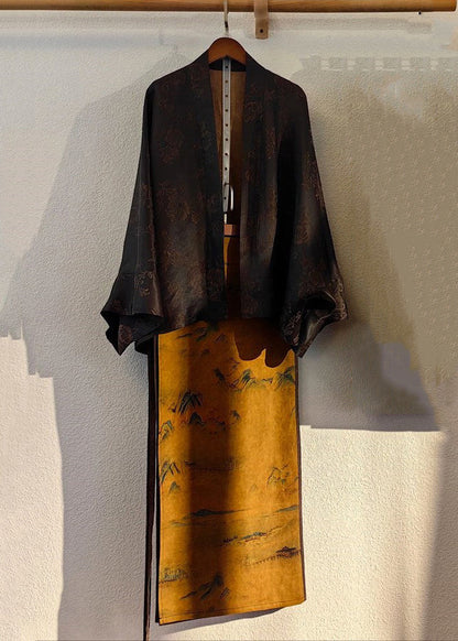 Chinese Style Black Tops and Skirts Patchwork Silk Two Pieces Set Fall