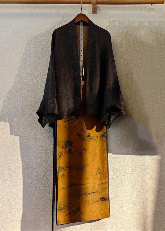 Chinese Style Black Tops and Skirts Patchwork Silk Two Pieces Set Fall