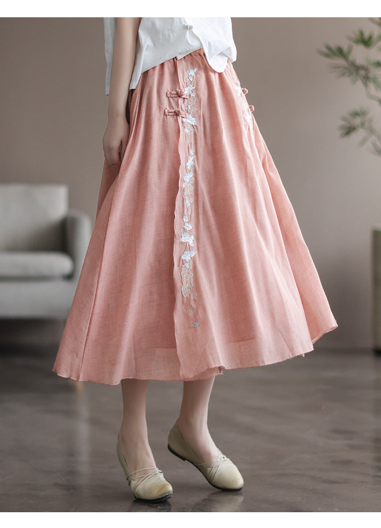 Double Cotton Linen Embroidered Buckle A-line Skirt