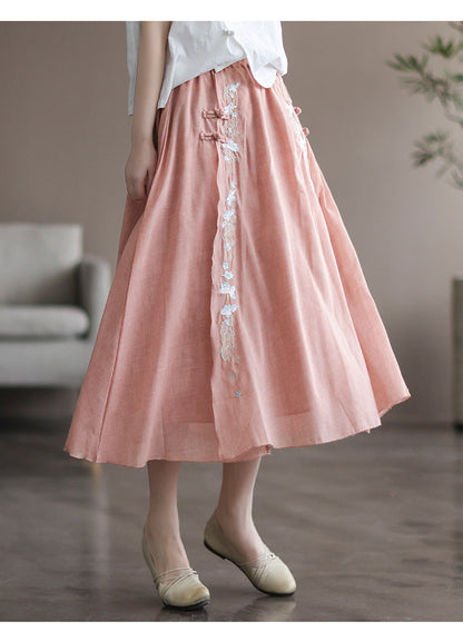 Double Cotton Linen Embroidered Buckle A-line Skirt